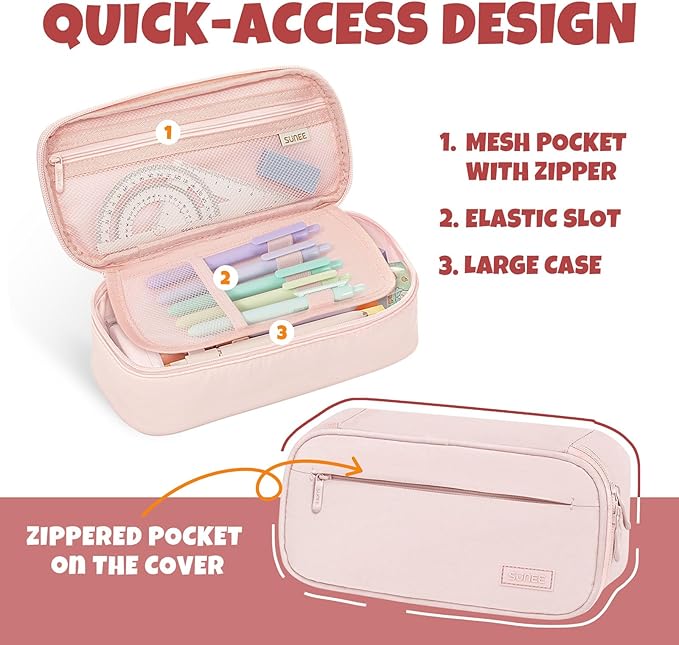 SUNEE Cute Pencil Case, Large Capacity Pencil Pouch, Big Storage Organizer for Stationery, Zipper Pen Bag,Back to School Supplies,Office Water-Repellent Nylon Pencil Bag for Teen Girls Boys,Light Pink