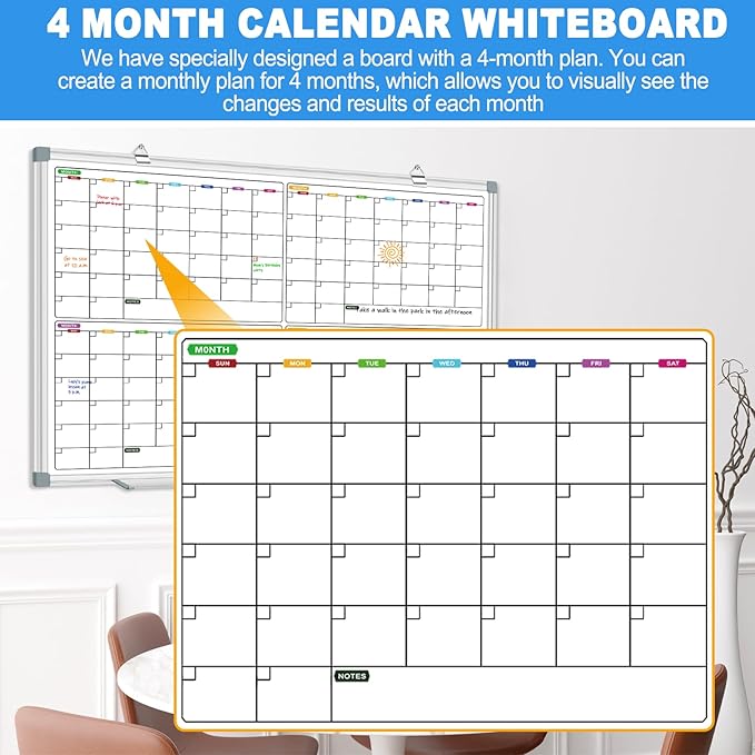 Calendar Whiteboard for Wall 36" x 24", 4 Month Magnetic Calendar Dry Erase Board, Planning Board Bulletin Board Portable Board for Office, School, Home Organization