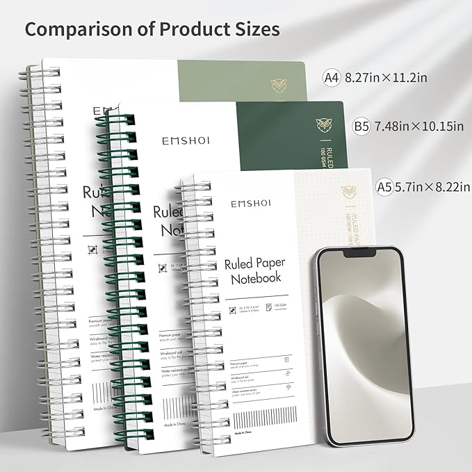 EMSHOI A5 College Ruled Spiral Notebook, Thick 300 Pages/150 Sheets, 100GSM Ink-Proof Waterproof PVC Hardcover Lay-Flat Lined Journal for Work Office School Writing, Small 5.7"x8.22" - Dark Green