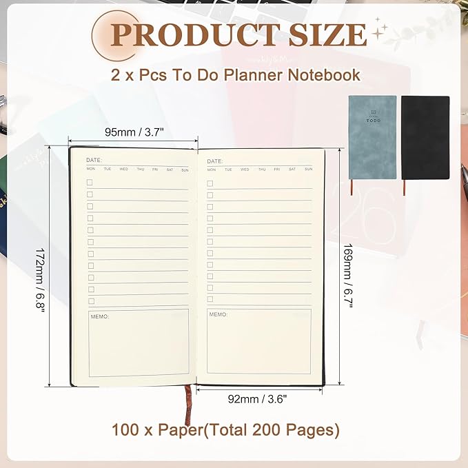 PATIKIL 2Pcs Planner Notebook, A6 100 Sheets Undated to Do List Daily Weekly Monthly Goals Tracker Pocket Notebook for Office Study Time Management Fitness Weeding, Black/Sky Blue