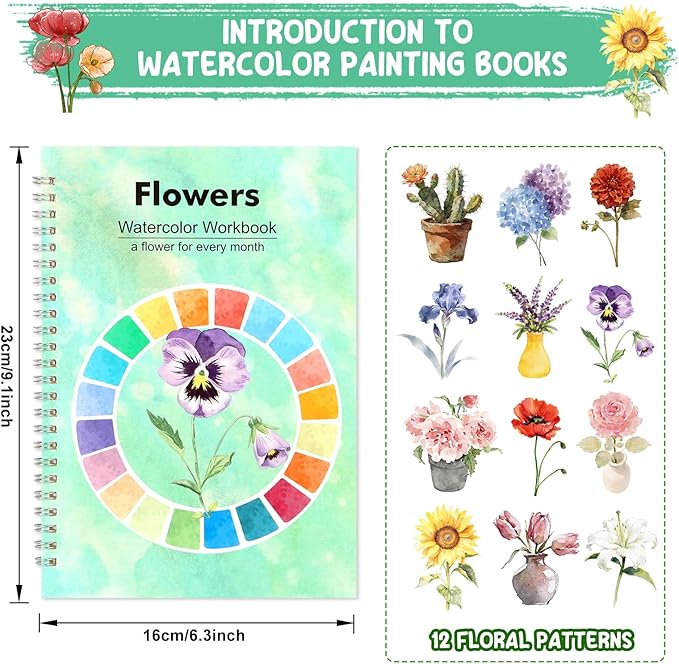 Floral Watercolor Workbook for Beginners with 24 Colors Paint Set – Water Coloring Book with 12 Flower Designs, Step-by-Step Painting Guide, Relaxing Watercolor Workbook Art Kit for Adults