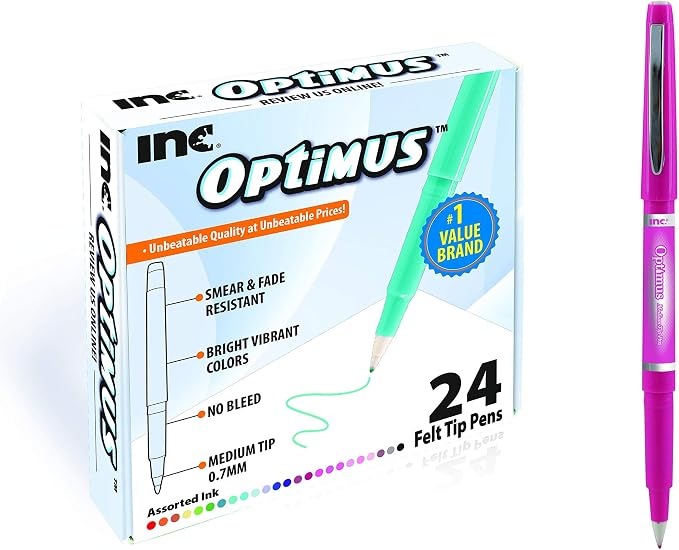 OPTIMUS 24-Color 0.7mm Felt Tip Pens - No Bleed, For Writing, Drawing, Journaling