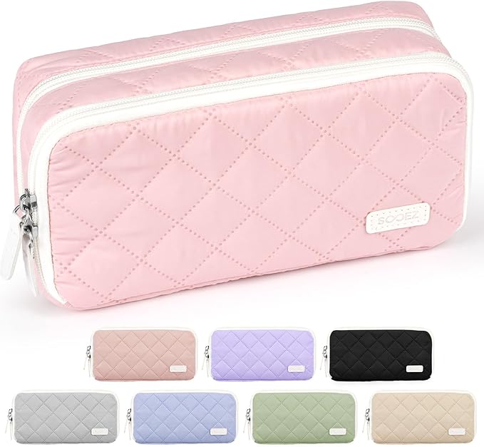 Sooez Large Pencil Case Pouch, Extra Big Pencil Bag with 8 Compartments, Pen Bag Wide Opening, Soft Quilted Pencil Pouch Organizer with Zipper, Portable Pencil Case for Teen Girls, Light Pink