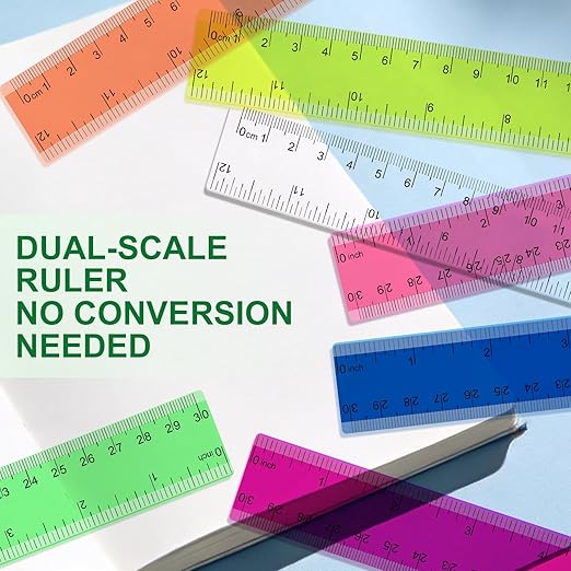 7 Pack 12 Inch Rulers, 30 cm Transparent Rulers, Assorted Color Clear Plastic Rulers with Inches and Centimeters, for Kids School Home and Office Supplies