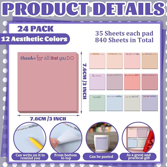 Yinder 24 Pcs Inspirational Sticky Notes Cute Motivational Sticky Notes Pad End of Year Employee Appreciation Gifts Bulk for Teacher Nurse Coworkers Office Supplies 3 x 3'' (Thank You,Aesthetics)