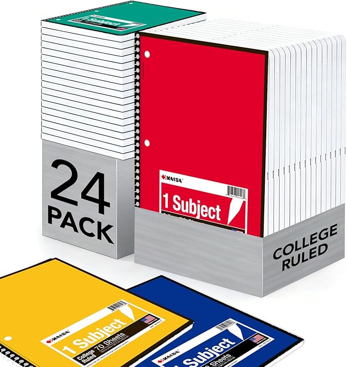 Kaisa 1 Subject Spiral Notebooks, 70 Sheets 6 Vibrant Color Options, 4 Pads Per Color – Abundant Stock for All Your Needs College Ruled 10.5"x8" Paper, Note Books Home School Supplies for Students Office, 1Carton of 24pcs