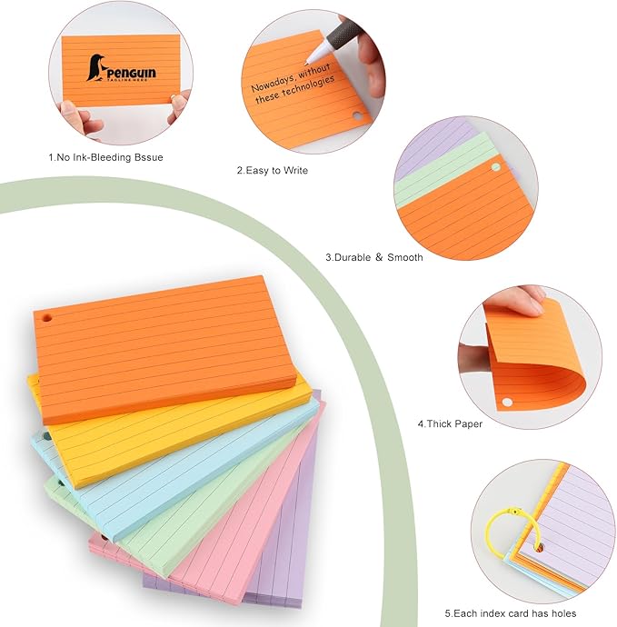 Ruled Colour Index Cards, 300PCS 3" x 5" Punched Flash Cards with 6 Binder Rings, Lined Blank Flashcards, Assorted Colored Study Notecards, Cue Cards for Studying, Office, School (005)