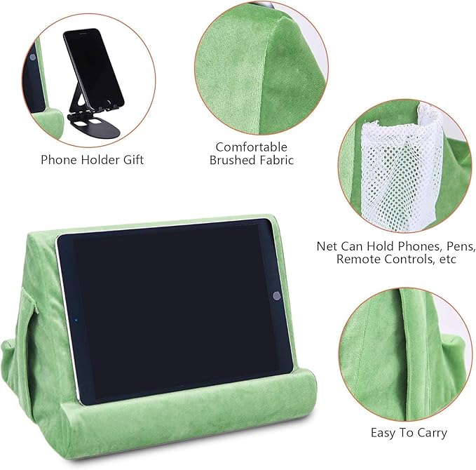 2pcs Multi-Angle Tablet Holder Cushion Stand with Net Pocket & Black Color Phone Stands Upgraded Tablet Pad Support for Phone,Pad,Books (LightGreen)