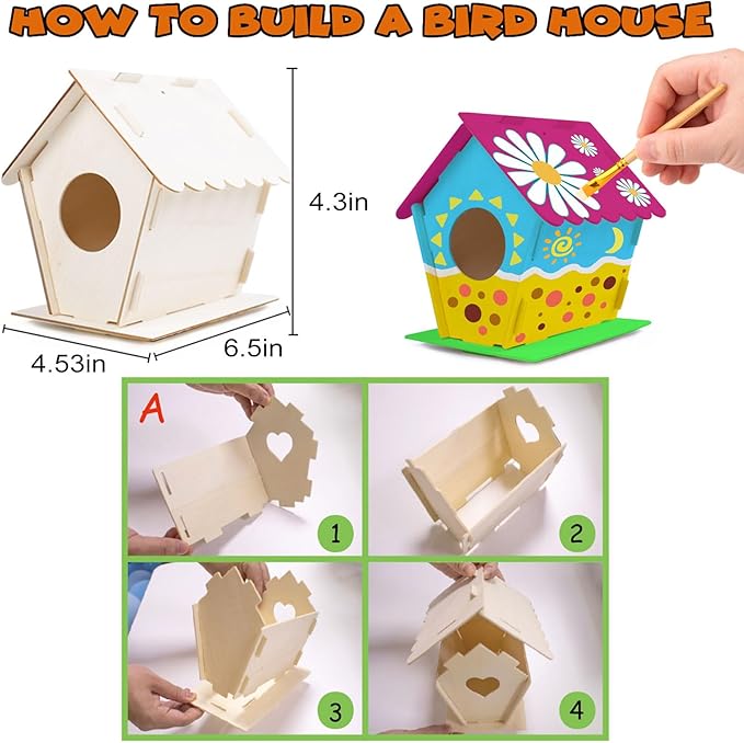 hapray 12 Pack Bird House Kit, DIY Birdhouse Kits, Wooden Crafts Arts for Children to Build and Paint (Includes Paints & Brushes) for Kids Girls Boys Toddlers Halloween Christmas Gift