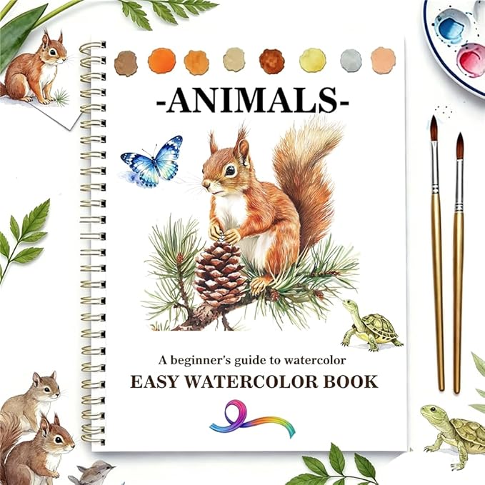 Watercolor Workbooks Coloring Book Easy Nature Scenes Beginner Friendly Watercolor Paint Set Art Crafts Painting Kit for Creative Exploration Gift for Adults (Animals, Without Palette)