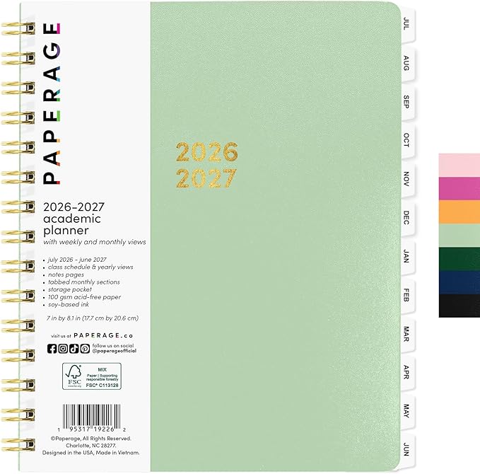 PAPERAGE Academic Planner, Weekly & Monthly Planner & Calendar, 12-Months, July 2026 - June 2027, (7" x 8"), School & Student Planning Agenda with Tabs, Bonus Pages & Inner Pocket, Sage Green