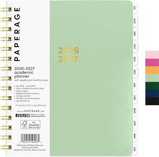 PAPERAGE Academic Planner, Weekly & Monthly Planner & Calendar, 12-Months, July 2026 - June 2027, (7" x 8"), School & Student Planning Agenda with Tabs, Bonus Pages & Inner Pocket, Sage Green