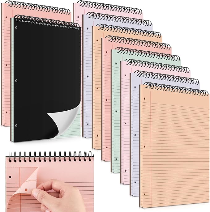 MotiMind 10 Pack 8.5" x 11" Top Spiral Notebook with 3 Hole Punched Light Colors Legal Pads College Ruled Notepad 50 Sheets Hard Cardboard Paper Wirebound Notepad for Office School Business