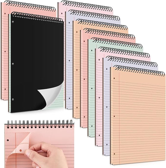 MotiMind 10 Pack 8.5" x 11" Top Spiral Notebook with 3 Hole Punched Light Colors Legal Pads College Ruled Notepad 50 Sheets Hard Cardboard Paper Wirebound Notepad for Office School Business