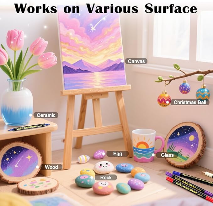 VOKART 120 Colors Acrylic Paint Markers - Dual Tip Brush & Fine Fabric Paint Pens for Rock, Canvas, Ceramic, Wood, Glass, Textile, Paper - DIY Art Supplies for Artists, Adults, Holiday Decorations