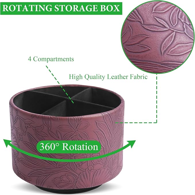 Round Leather Art Supply Organizer,Remote Control Holder,360 Degree Spinning,Multi-Functional Pencil Holder,4 Compartments Desktop Stationary Organizer(1-Carved Dark Brown)