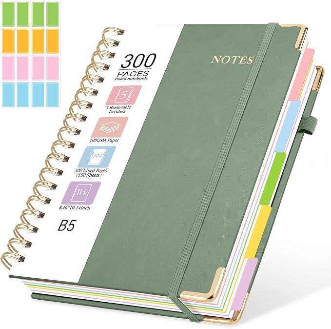 Hardcover Spiral Journal Notebook, 300 Pages 5 Subject Notebook College Ruled with Removable Dividers Tabs, 8" x 10" Notebooks for Work, Spiral Ruled Lined Writing Journal Hardcover Leather Notebook for School (Matcha Green, 8''x 10'')