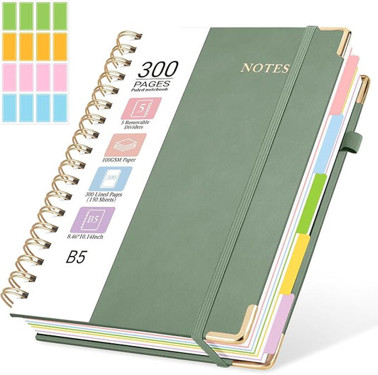 Hardcover Spiral Journal Notebook, 300 Pages 5 Subject Notebook College Ruled with Removable Dividers Tabs, 8" x 10" Notebooks for Work, Spiral Ruled Lined Writing Journal Hardcover Leather Notebook for School (Matcha Green, 8''x 10'')
