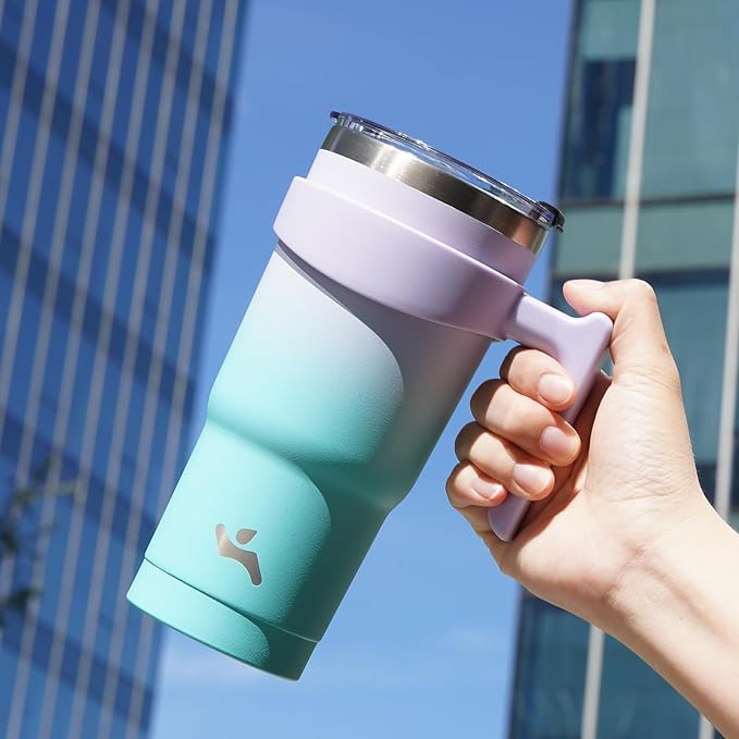 Konokyo 40 oz Tumbler with Handle and 2 Straw 2 Lid, Insulated Water Bottle Stainless Steel Vacuum Cup Reusable Travel Mug, Lavender Green