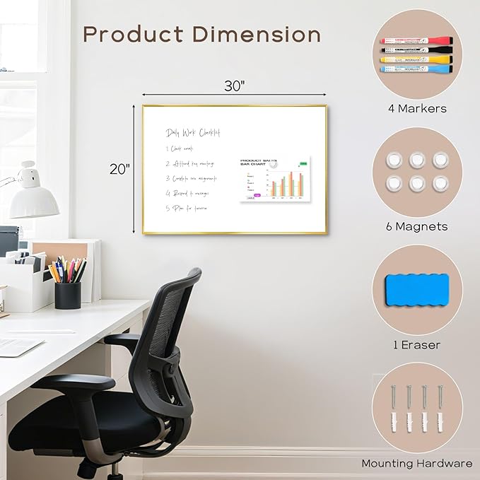 Dry Erase White Board, 30" x 20" Magnetic Whiteboard with Gold Aluminum Frame, Hanging Writing Board for Home, Office, School