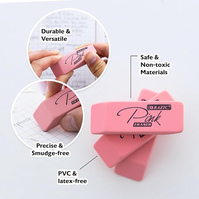 BAZIC Products Pink Eraser, Latex Free Bevel Block Erasers, Large Size for Classroom, Office, and Art Use, Smooth Pencil Correction for Writing, Sketching, & Daily Tasks, 12/Pack, 48-Pack