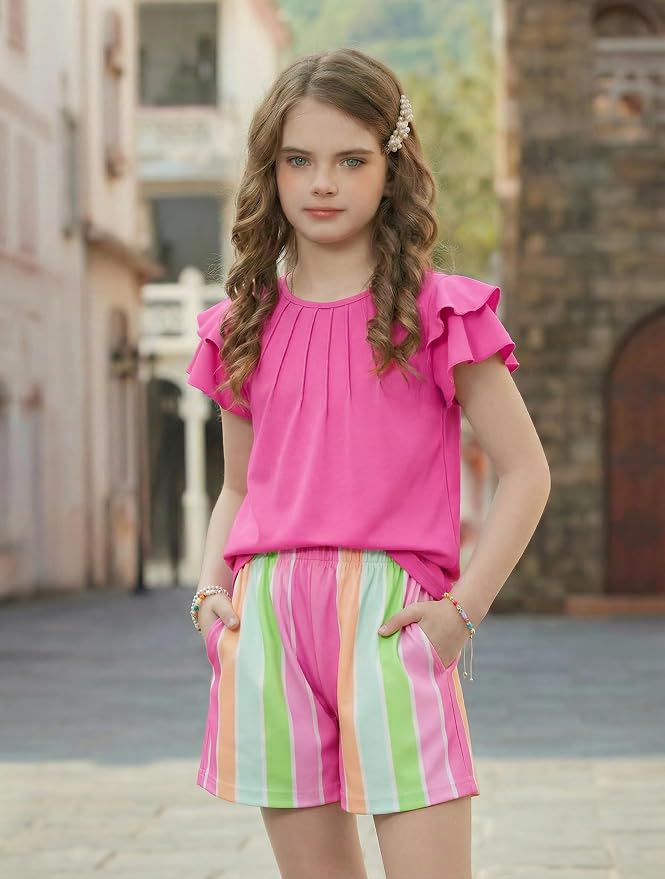 Arshiner Girls 2 Piece Outfits Summer Ruffle Sleeve Top and Paperbag Waist Shorts Set with Pockets Size 5-13 Years