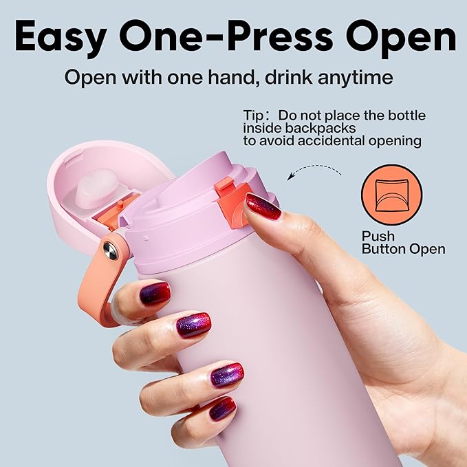 Insulated Water Bottle with Straw - Encool Stainless Steel Water Bottle with Push Button Lid, Leak-Proof & BPA-Free, Keeps Cold for 24 Hours for Sports, Travel, Gym (24 oz, Lily-Red)