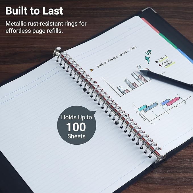 KOKUYO 5 Subject Spiral Notebook, Color Palette B5 Refillable Journal with 5 Tab Dividers, 120 Sheets in 6mm Dot Ruled Loose Leaf Paper, Business Black