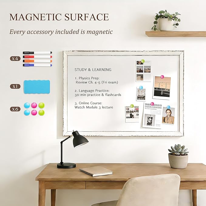 White Board for Wall, 24" x 18" Magnetic Dry Erase Board, Vintage Wooden Frame Decorative Whiteboard, Wall Mounted, White-Washed, Aesthetic Writing Board for Home, Office, School