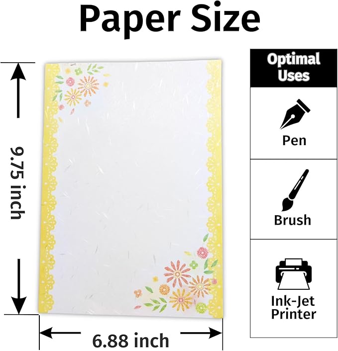 Iyo Washi Stationery Paper 15 Sheets (9.7 x 6.9 inch), Made in Japan, Yellow Flowers Stationery Paper Japanese Paper, Printable, Inkjet Printer, for Letter Writing, Greeting Card