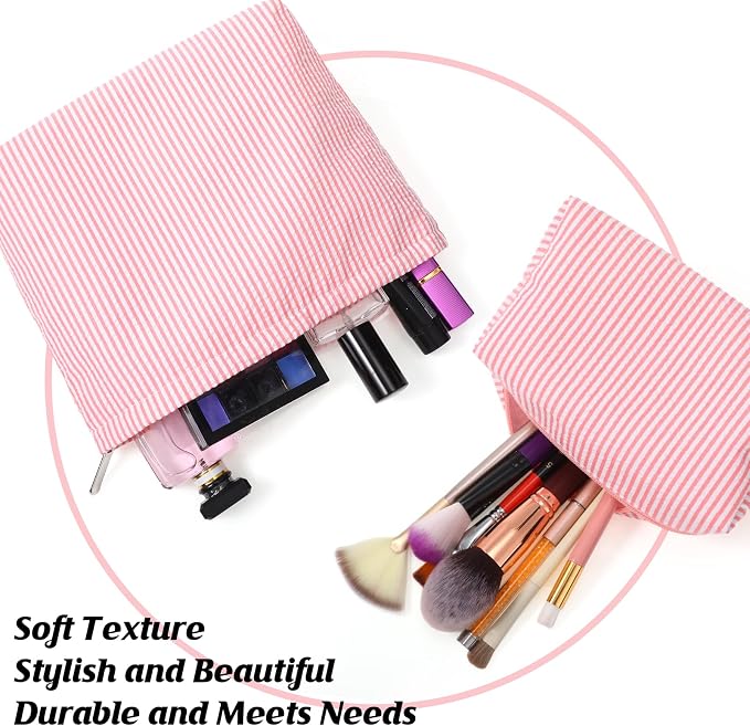 Huhumy 2 Pcs Makeup Bag Set for Women, Rose Pink, Thin Striped Seersucker | Cute Cosmetic Pouch Women Travel Toiletry Bag Preppy Small Makeup Purse Pouch Aesthetic Skincare Brushes Storage Organizer