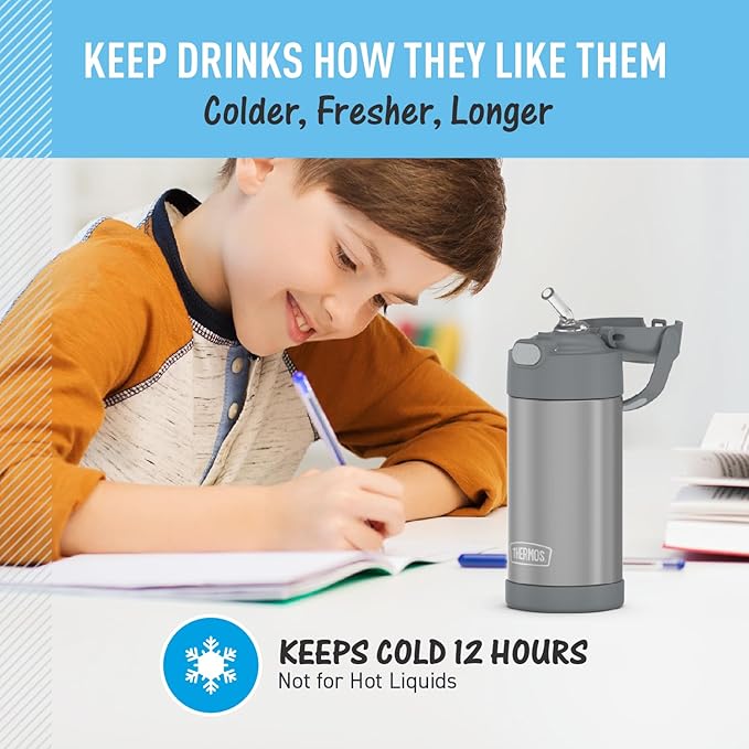 THERMOS FUNTAINER Water Bottle with Straw - 12 Ounce - Kids Stainless Steel Vacuum Insulated Water Bottle with Lid, Grey
