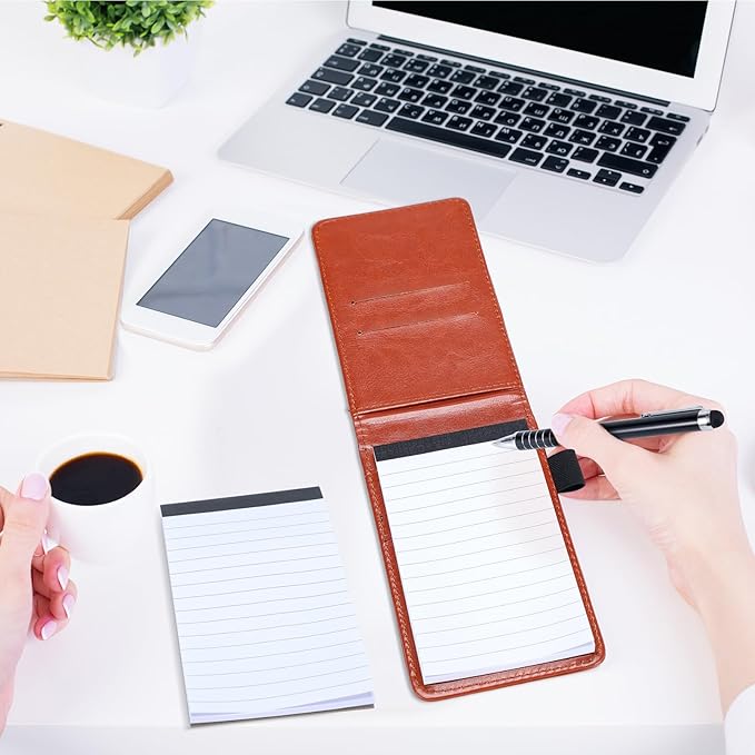 Teling 8 Pcs Mini Pocket Notepad Holder Set Leather Notepad Holder with Metal Pen Lined Sheet 6 Pcs 3 x 5 Inch Memo Book Refill for Office Restaurant School Supplies(Brown,Tree)