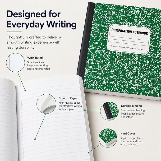 CLEENTABLE Composition Notebook 5 Pack, Wide Ruled Paper, Marble Cover Notebooks for School, 9.75 x 7.5 Inches, 100 Sheets (200 Pages), Sewn Binding Comp Books, Green