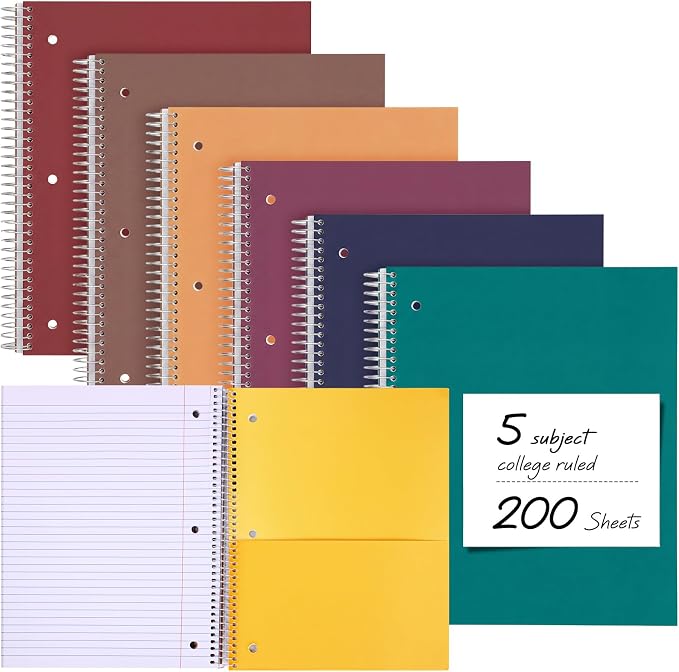 Qilery 6 Pack 5 Subject Notebook College Ruled with Hardcover 200 Sheets Thick Pages 8 x 10.5 Inch Spiral Journal Thick Notebook 3 Hole Assorted Colors Easy Tear Line Office (Business Color)
