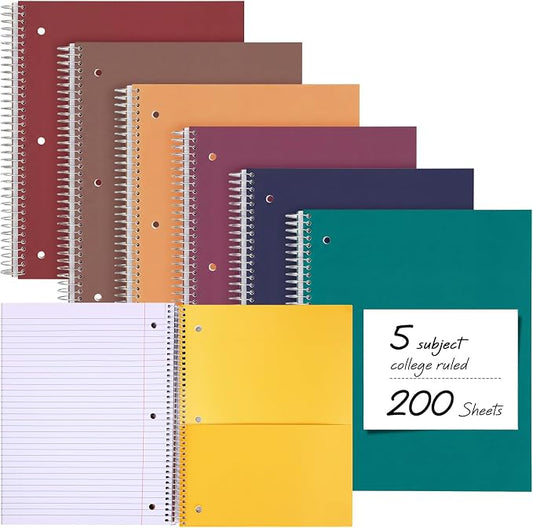 Qilery 6 Pack 5 Subject Notebook College Ruled with Hardcover 200 Sheets Thick Pages 8 x 10.5 Inch Spiral Journal Thick Notebook 3 Hole Assorted Colors Easy Tear Line Office (Business Color)
