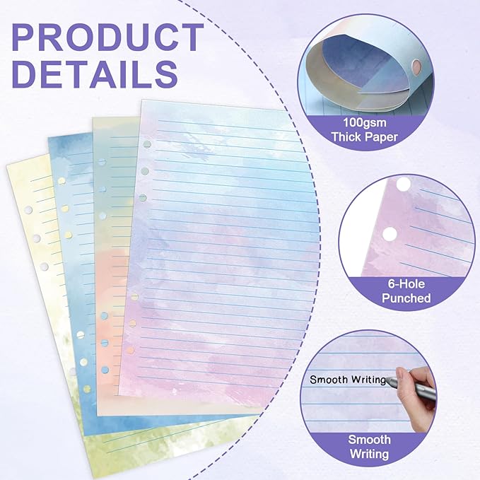 600 Sheet Watercolor A5 Refill Paper for Planner Inserts 6-Hole Loose Leaf Lined Filler Paper A5 Refillable Notebook Planner Accessories 100GSM for 6 Ring Binder Budget Planner Journal 5.6" x 8.2"