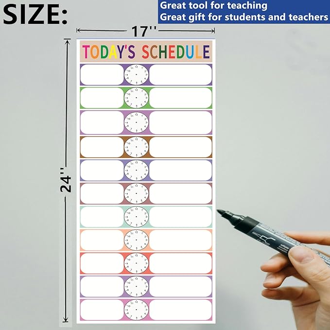 SANTSUN 11 Pocket Daily Schedule Pocket Chart for Classroom, 17'' x 41'', Dry-Erase, Visual Schedule Board Poster for students, Back to School Teacher Homeschool Supplies