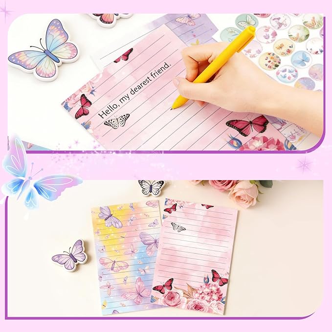 160 Pcs Stationery Paper Envelopes Set Includes 50 Lined Writing Paper & 50 Envelopes with 60 Round Dot Stickers, Cute Vintage Butterfly Letter Writing Stationery Paper Envelopes Gift(10Style)