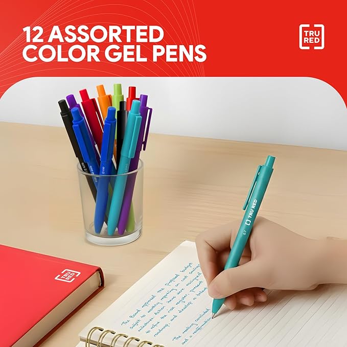 TRU RED Retractable Gel Pens, Medium Point 0.7mm, Assorted Ink Colors, 12 Pack – Quick‑Dry Pens for Smear‑Free Writing