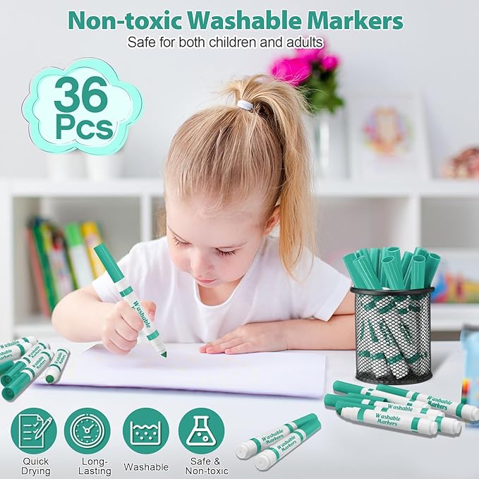 36 Pcs Cyan Washable Markers Bulk Coloring Broad Line Markers for Kids Cyan Conical Tip Drawing Pen for Christmas,School Supplies, Travel Art Baby Shower Gender Reveal Party Supplies, Ages 6+