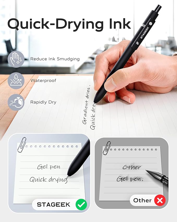 STAGEEK 12 Pcs GX3 Black Gel Pens, Quick Dry Smooth Writing, with 3 Refills | Black Ink Pens, 0.7mm Fine Point, Retractable, Office, School Supplies, Journaling & Note Taking, for Nurses, Teachers