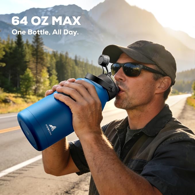 POWCAN 64 oz Insulated Water Bottle with 2-in-1 Straw Spout Lid, Leakproof, Carrier Bag, Shoulder Strap, Keep Cold 48H, Half Gallon Stainless Steel Water Jug for Men, Sports, Camping, Fitness (Indigo)