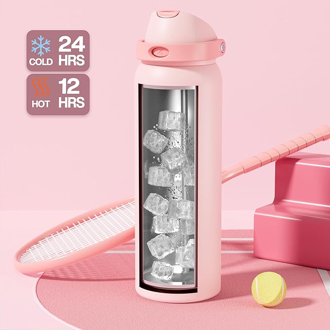 POWCAN 40 oz Insulated Water Bottle for Sports: 2-in-1 Lid with Push-Button Spout & Quick-Flip Straw, Leakproof, Car Cupholder Friendly, Stainless Steel for Gym, School, Travel, Camping (Cotton Candy)