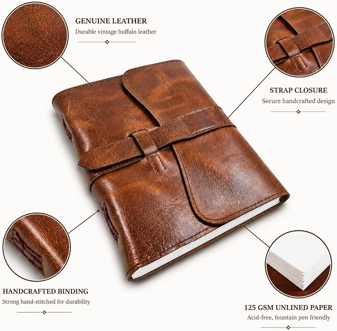 Leather Journal Writing Vintage Notebook 6x8 - Genuine Leather Bound Notebook Loop Strap Closure with 200 Pages 125 GSM Recycled Cotton Paper