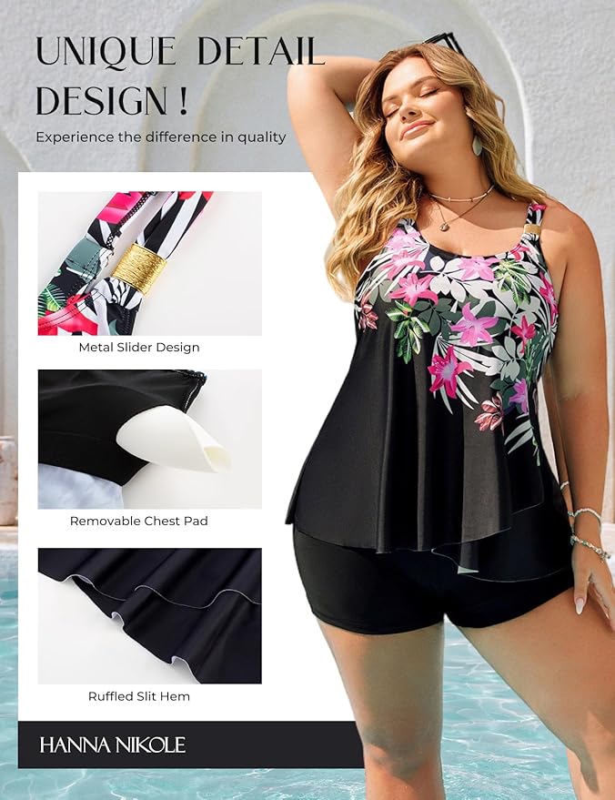 Hanna Nikole Womens Tankini Swimsuits 2 Piece Bathing Suit Flowy Ruffle Tankini Tops with Swim Shorts