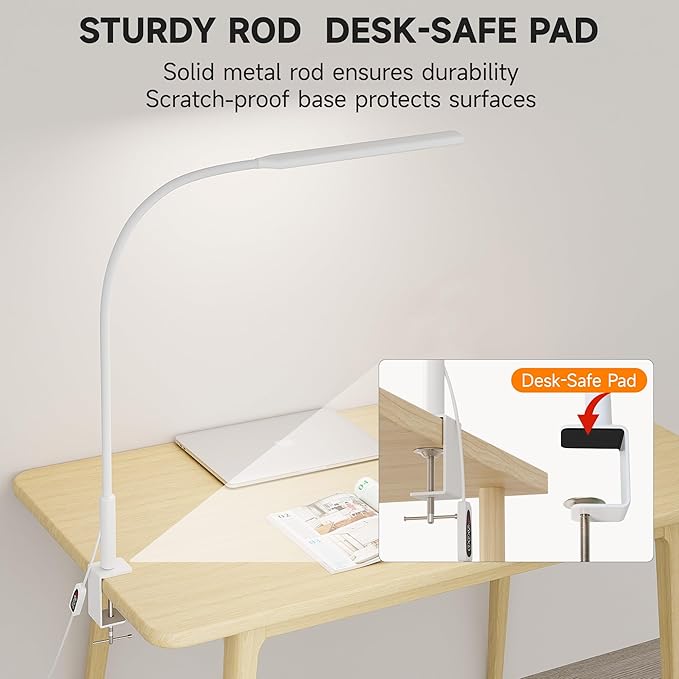 Desk Lamp with Clamp, Eye Caring Clip Light for Home Office, 3 Colors Stepless Dimming, Flexible Gooseneck Table Lamp with USB Adapter for Nail Reading Working Workbench Drawing Gaming (White Pro)