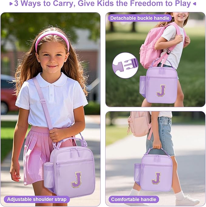 Initial Insulated Lunch Bag for Girls Kids, Back to School Gift, Reusable Leak-proof Lunch Box with Adjustable Strap for School Daycare Travel Picnic (Purple,J)