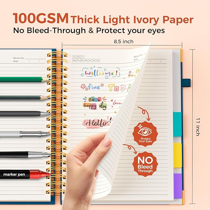 XYark A4 Hardcover Spiral Notebook, 8.5"x11" College Ruled Notebooks with Removable Divider Tab & Ruler, 5 Subject Notebook 300 Pages, Large Lined Journal for Women Men School Work Office, Noble Blue