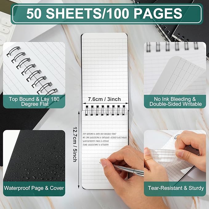 Qilery 4 Pcs Waterproof Notebook Graph Paper 3" x 5" All Weather Pocket Notepads Police Notepad Spiral Notebook Steno Pads Memo Grid Lines Pads Journal for Office (Black)
